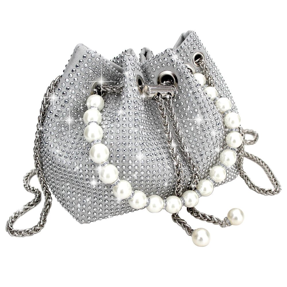 4973 Evening Bucket Handbag Sparkly Rhinestone Pearl Clutch Purse for Party
